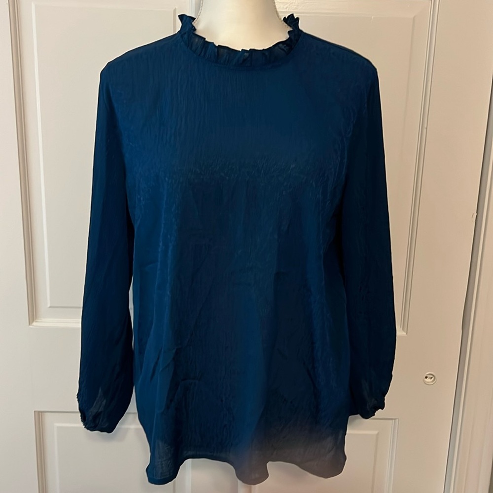 LOFT Peacock Green Ruffle Neck Top L
